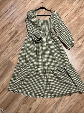 Pinkblush Olive Gingham Long Sleeve Midi Dress